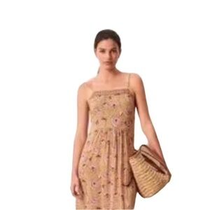 Beige Floral Print Smocked Top Dress
